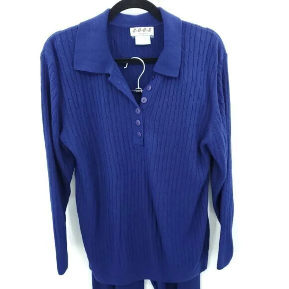 VTG 90s Matching Knit Polo Sweater/Pull On Full Length Straight Pants Set M Blue